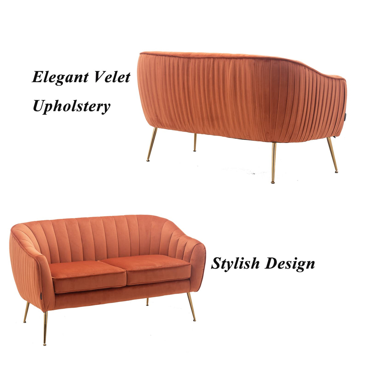 Tufted Velvet Barrel Loveseat Sofa with Golden Metal Legs M24934