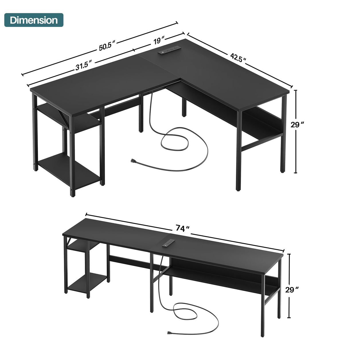 Black Reversible L Shaped Computer Desk with Power Outlets and Storage Shelves H2650