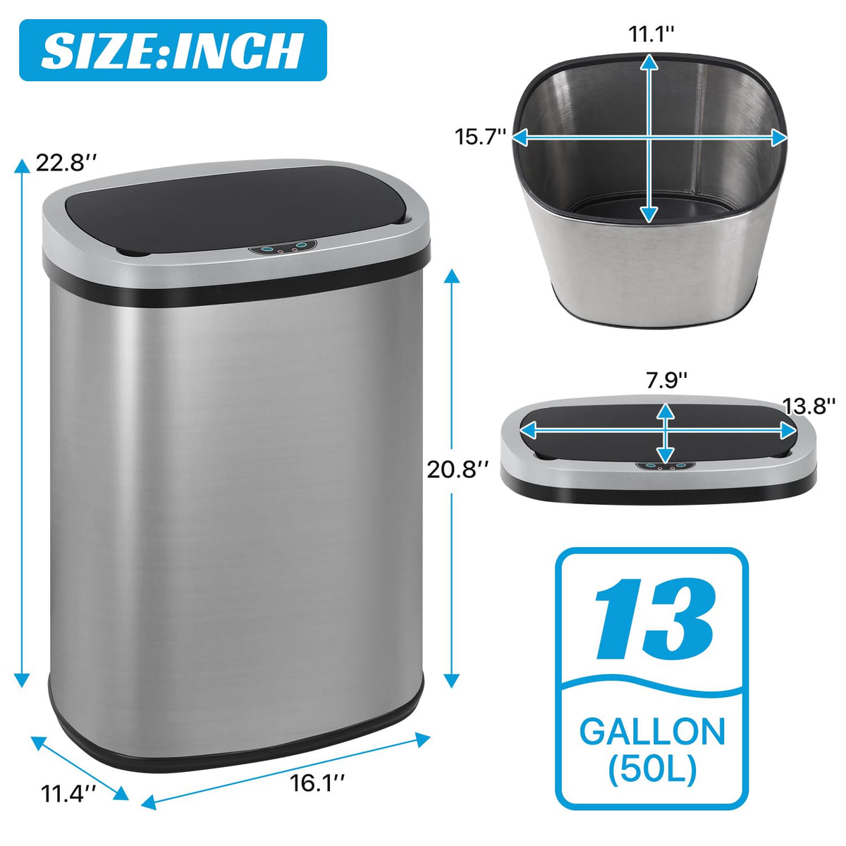 Stainless Steel 13 Gallon Touch Free Trash Can with Lid B213794