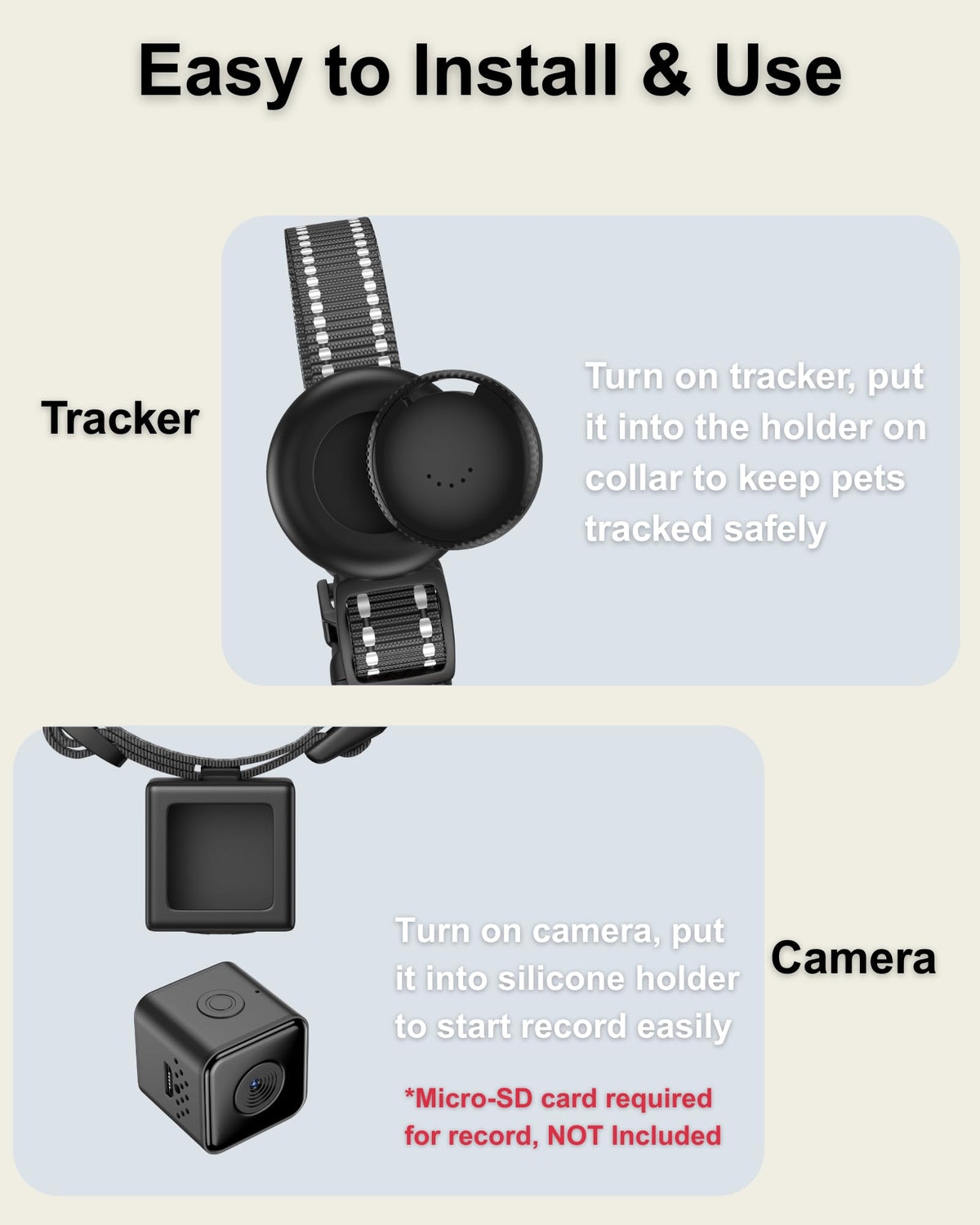 Cat Camera Collar with Tracker Tag, 1080P HD Pet POV Action Cam, Lightweight 0.7oz, Night Vision G5821