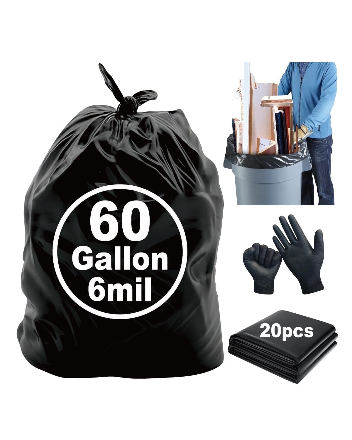 6 Mil Heavy Duty Contractor Trash Bags, 50/55/60 Gallon, Black, 20 Pack M86994