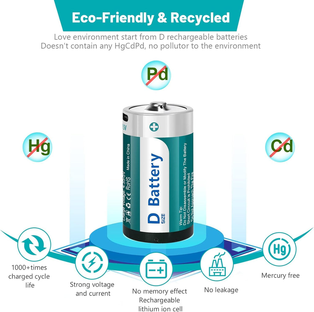 D Size Rechargeable Lithium Batteries with USB-C Charging Cable H73462