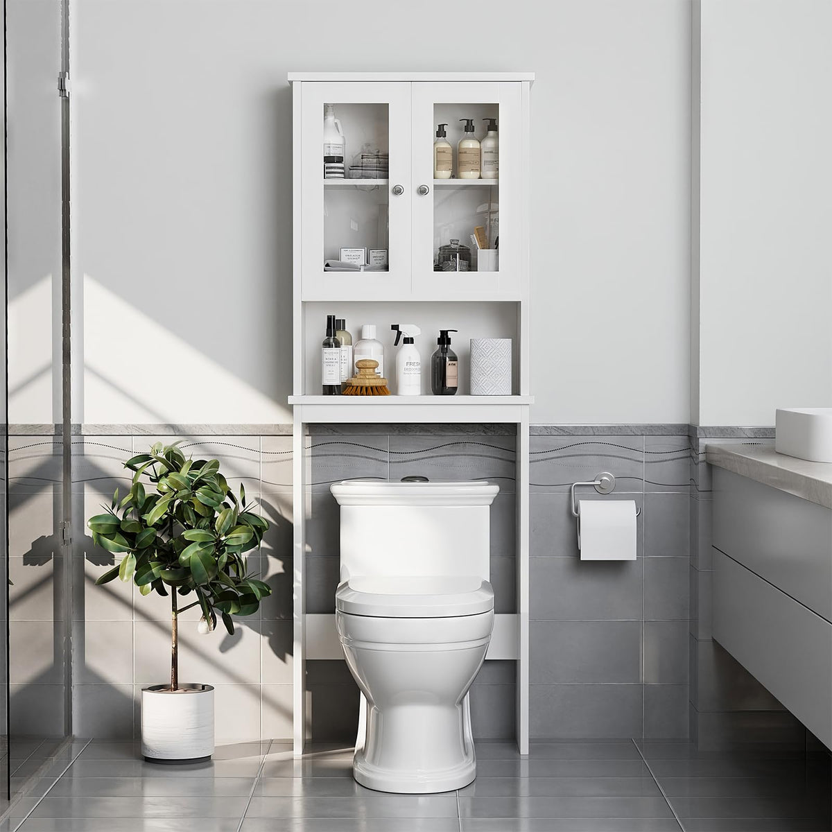 Over The Toilet Storage Cabinet with Tempered Glass Doors E972854