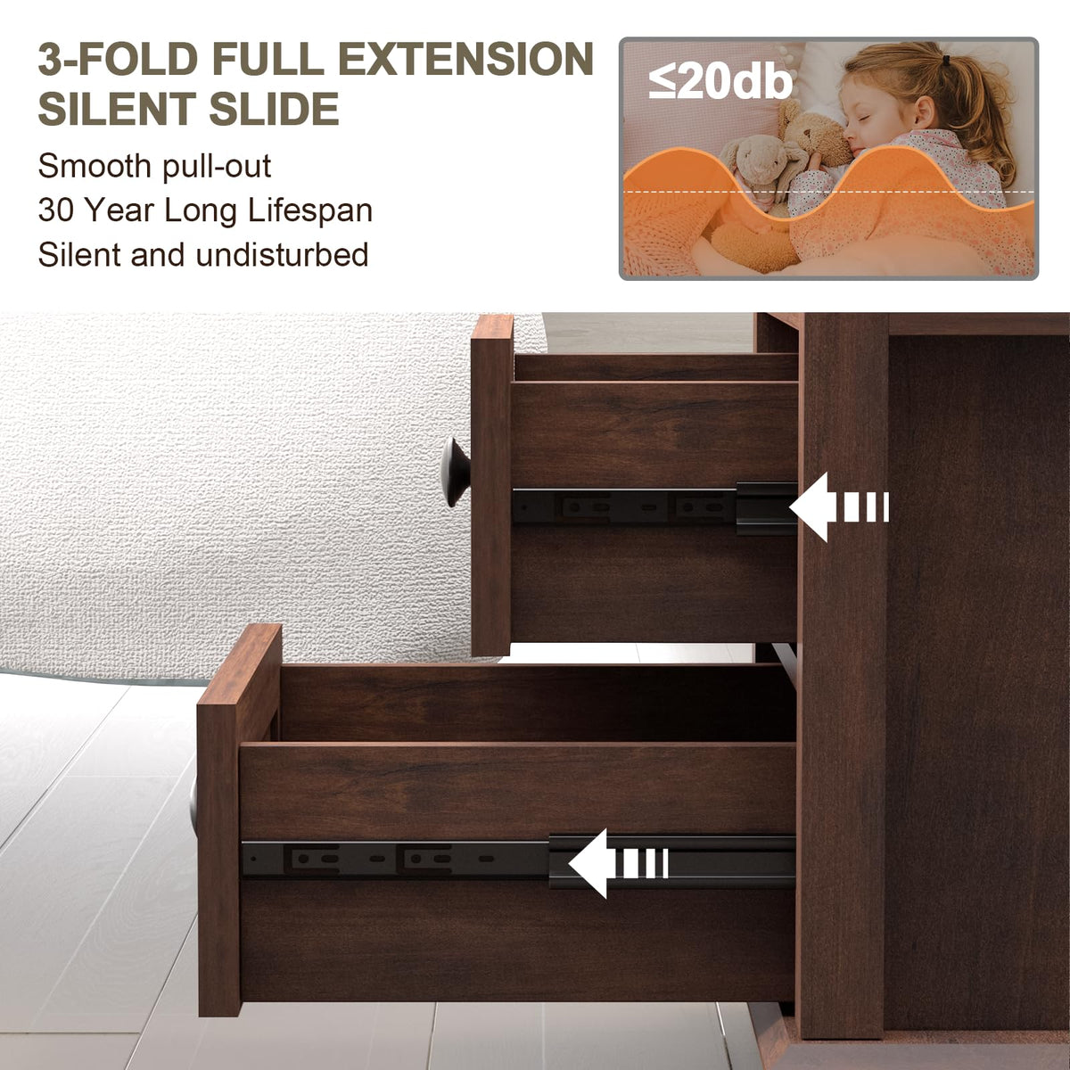 24" Nightstand with Charging Station and Drawers V175013