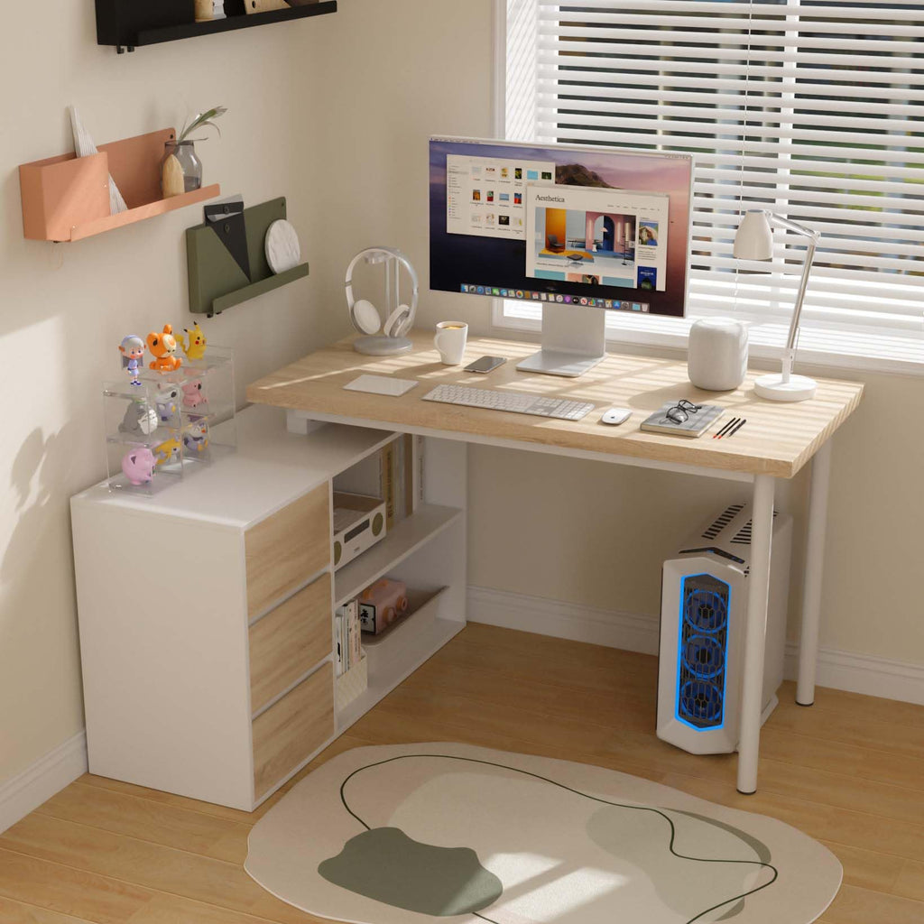L Shaped Computer Desk with File Drawers & Storage Shelves U90065