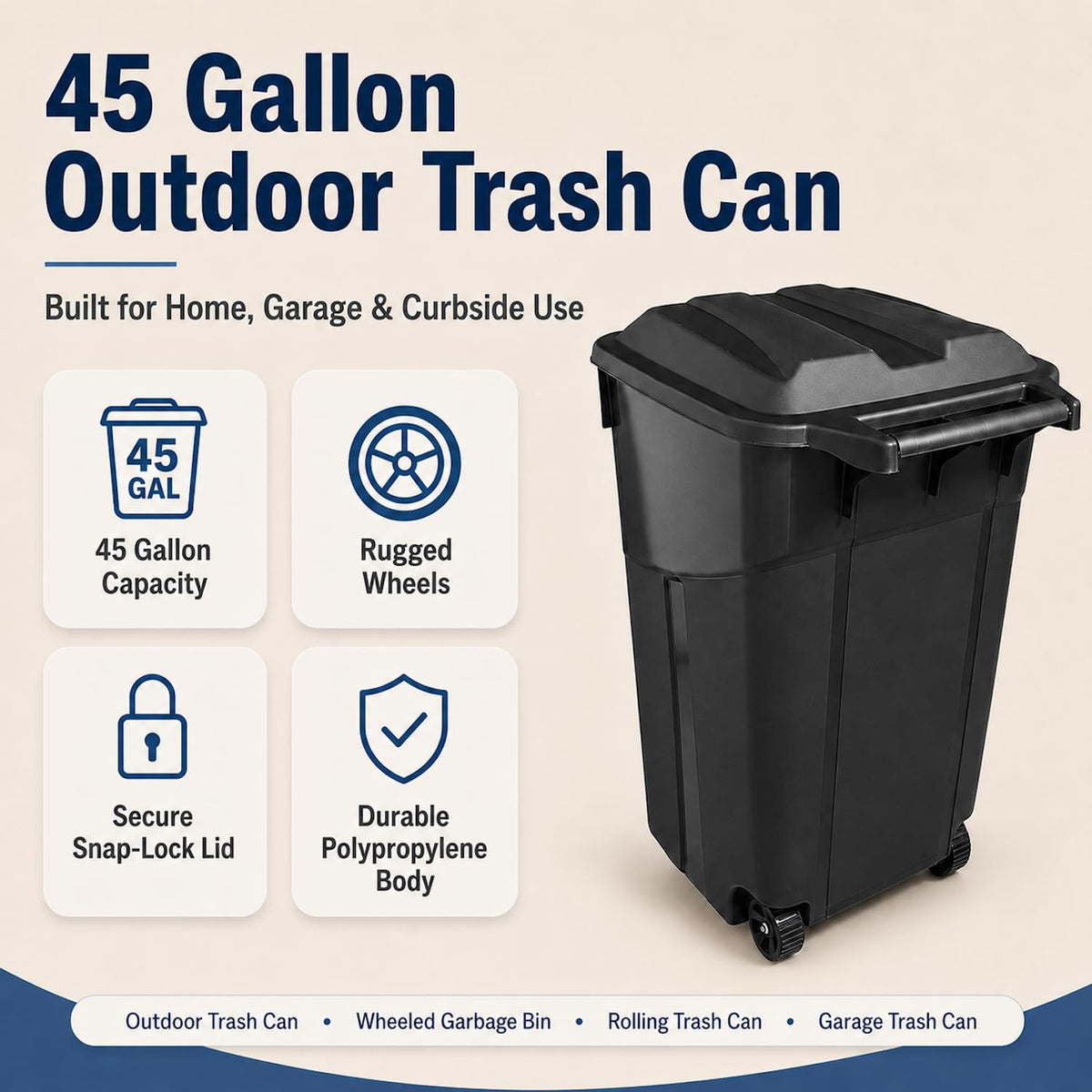45 Gallon Wheeled Outdoor Trash Can with Lid P32201