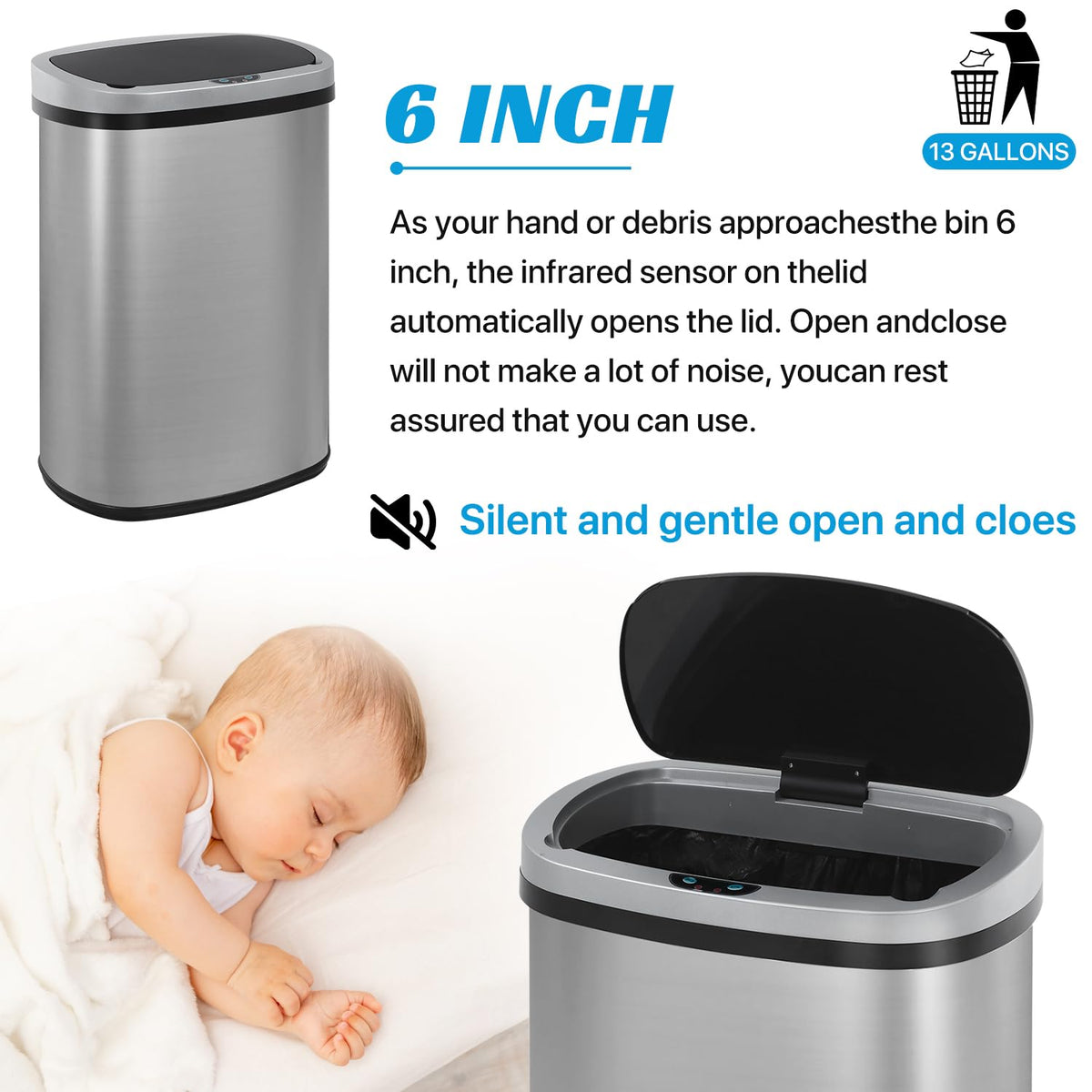 Stainless Steel 13 Gallon Touch Free Trash Can with Lid B213794