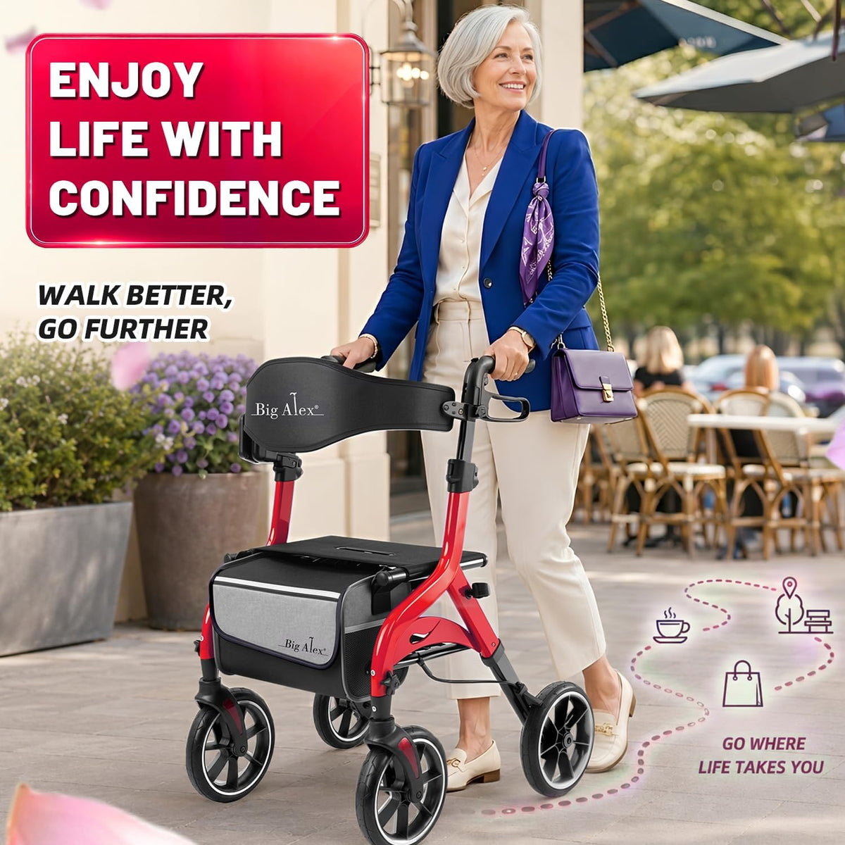 Foldable Red Rollator Walker with Seat N522