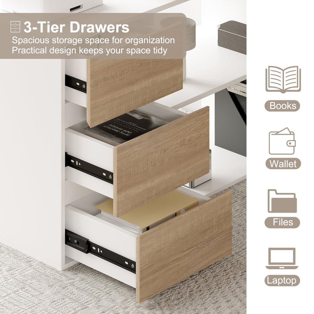 L Shaped Computer Desk with File Drawers & Storage Shelves U90065