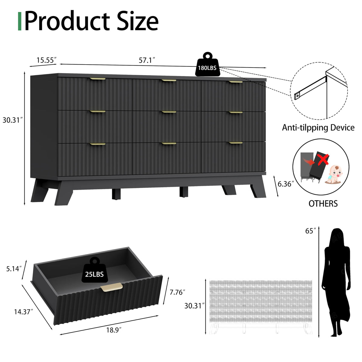 Black 9 Drawer Fluted Wood Dresser L7509