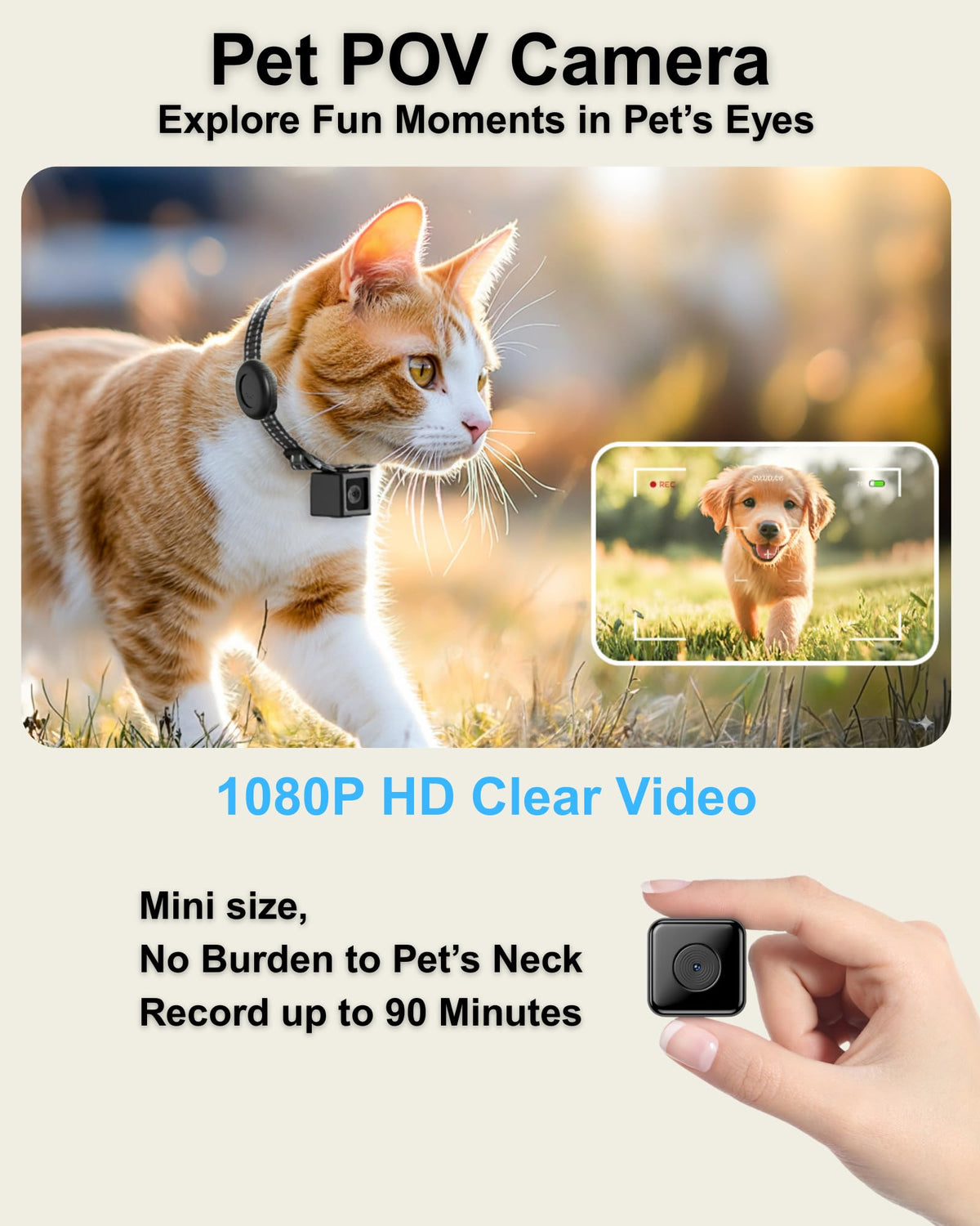 Cat Camera Collar with Tracker Tag, 1080P HD Pet POV Action Cam, Lightweight 0.7oz, Night Vision G5821
