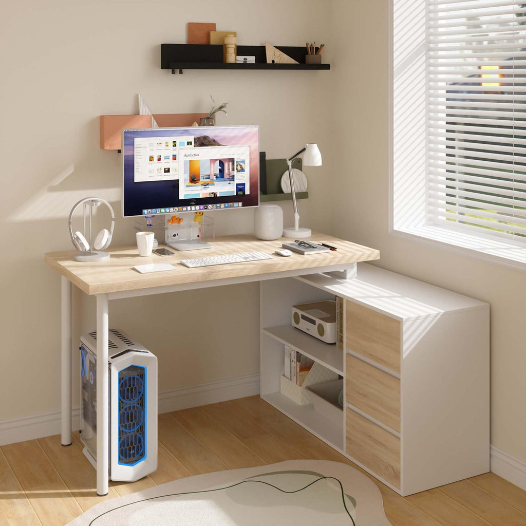 L Shaped Computer Desk with File Drawers & Storage Shelves U90065