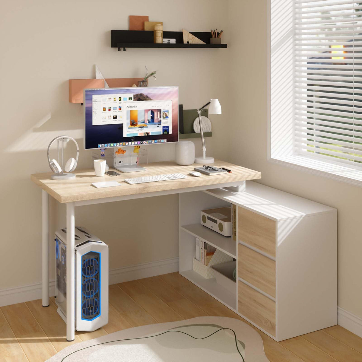 L Shaped Computer Desk with File Drawers & Storage Shelves U90065