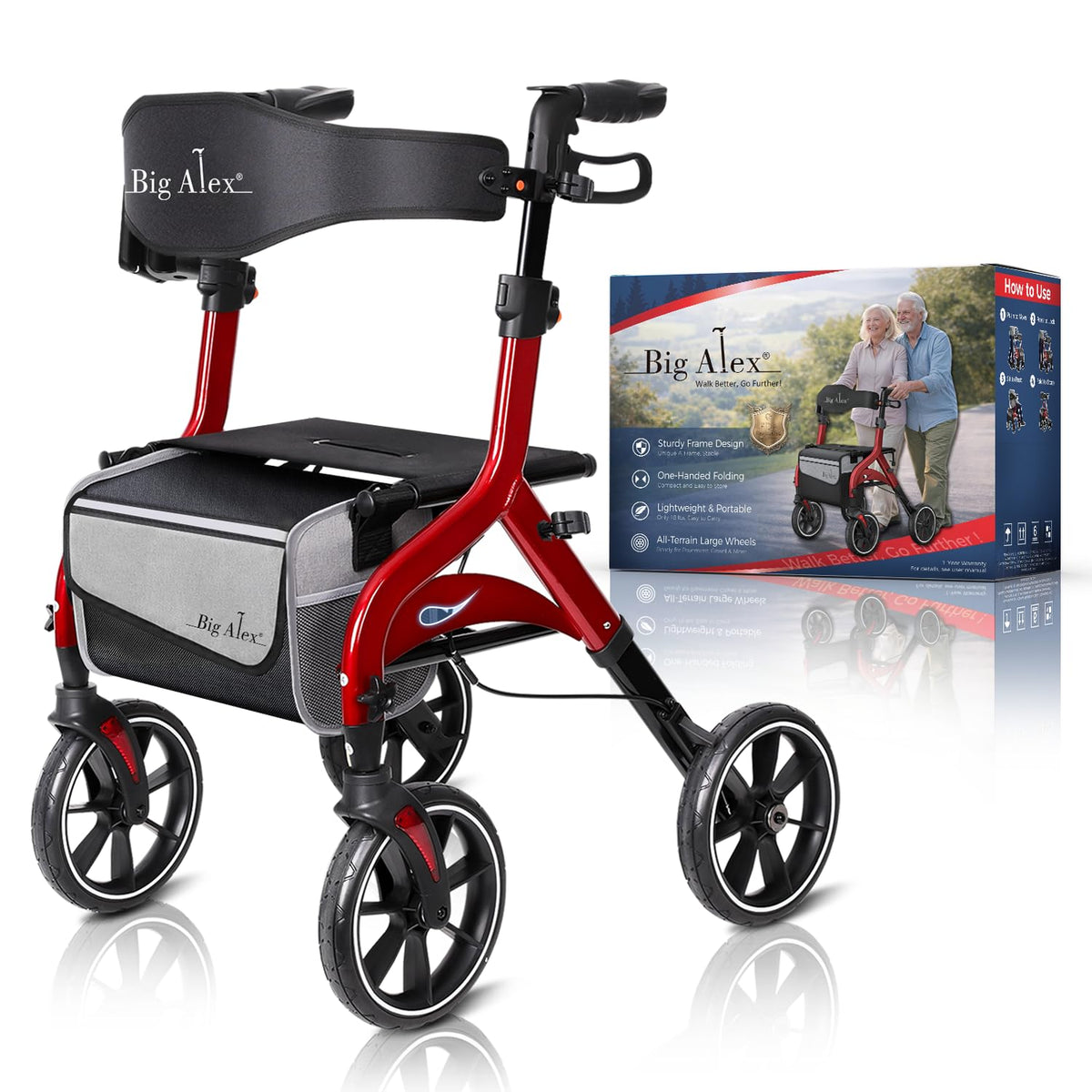 Foldable Red Rollator Walker with Seat N522