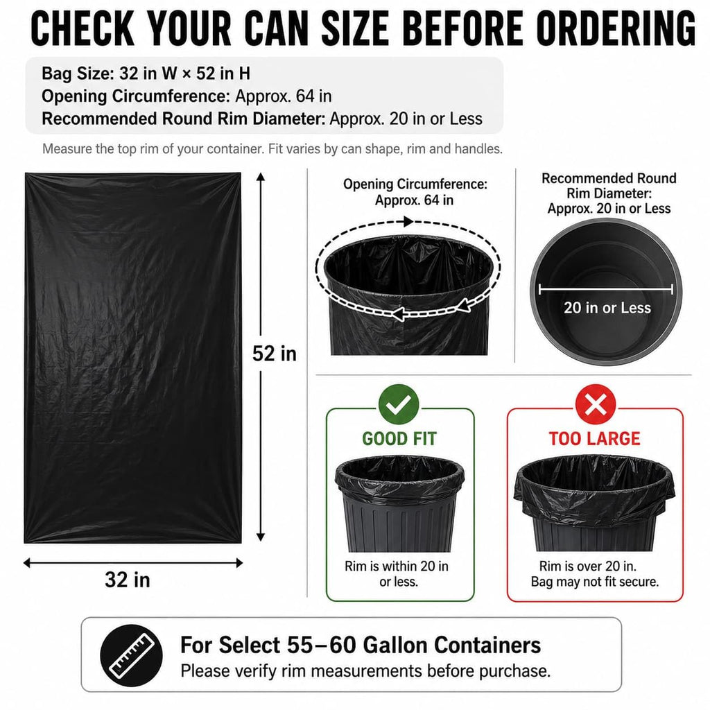 6 Mil Heavy Duty Contractor Trash Bags, 50/55/60 Gallon, Black, 20 Pack M86994