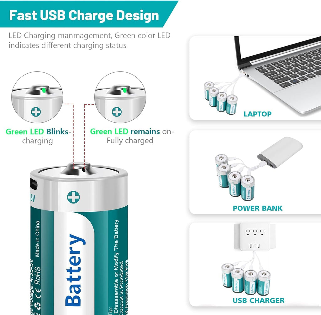 D Size Rechargeable Lithium Batteries with USB-C Charging Cable H73462