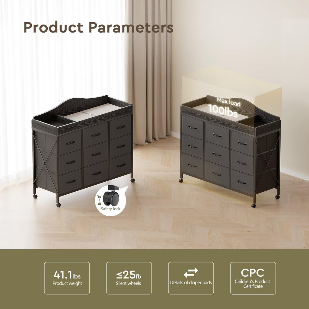 Black Changing Table with 9 Fabric Boxes C6292