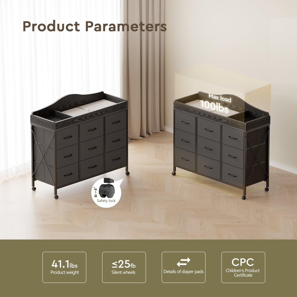 Black Changing Table with 9 Fabric Boxes C6292
