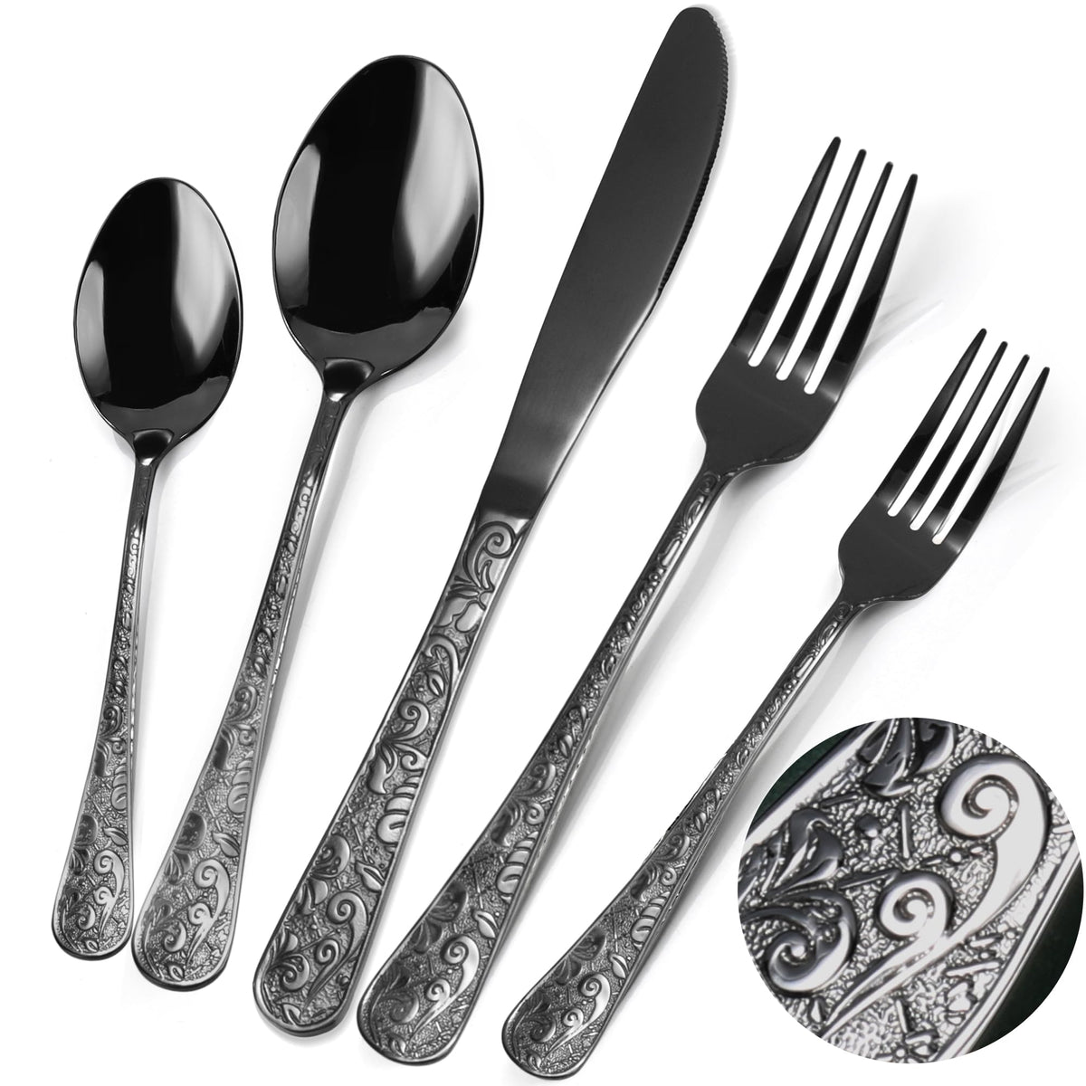 60-Piece Black Stainless Steel Flatware Set I929