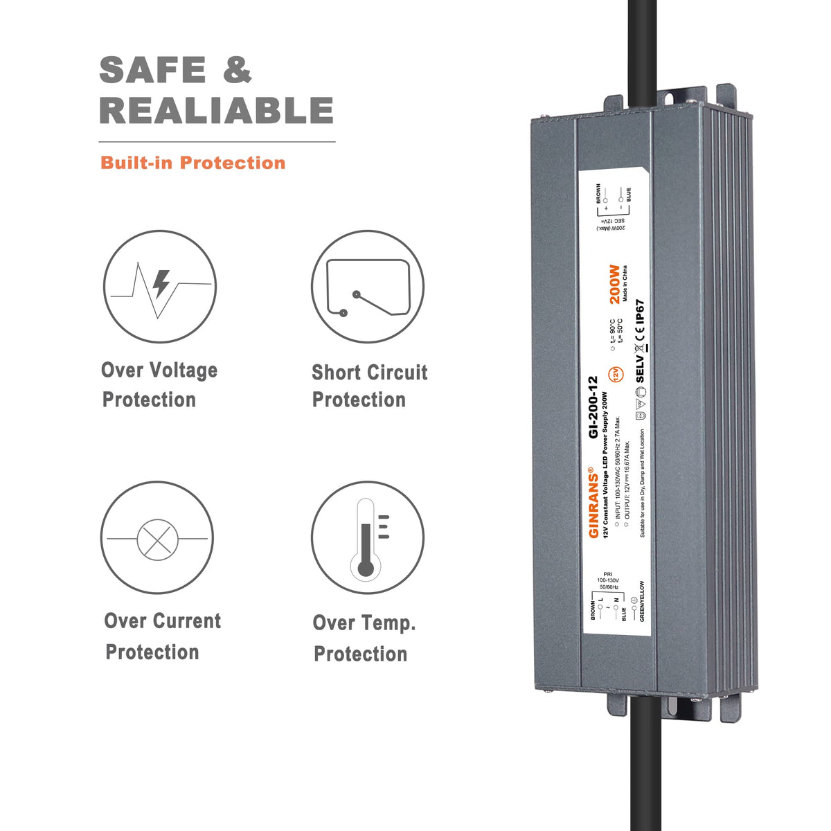 200W IP67 Waterproof Constant Voltage LED Driver Power Supply Transformer G235533