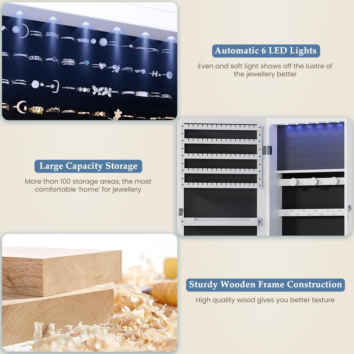 White 6 LEDs Mirror Jewelry Cabinet E90419