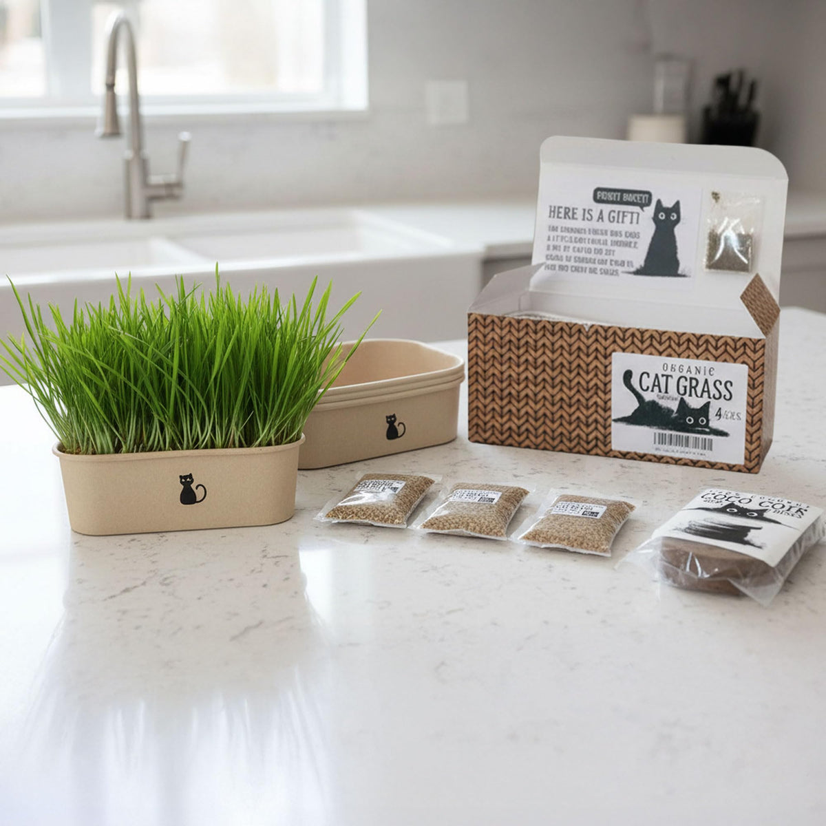 4-Batch Indoor Cat Grass Grow Kit with Containers, Soil Disks & Seeds L19864