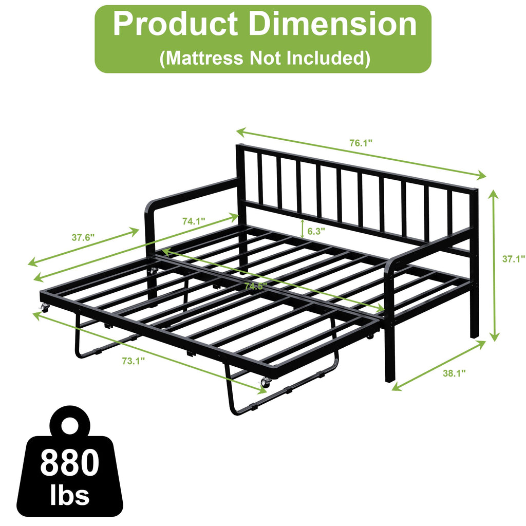 Twin Daybed with Pop Up Trundle, Metal Steel Slats, Black Z835765