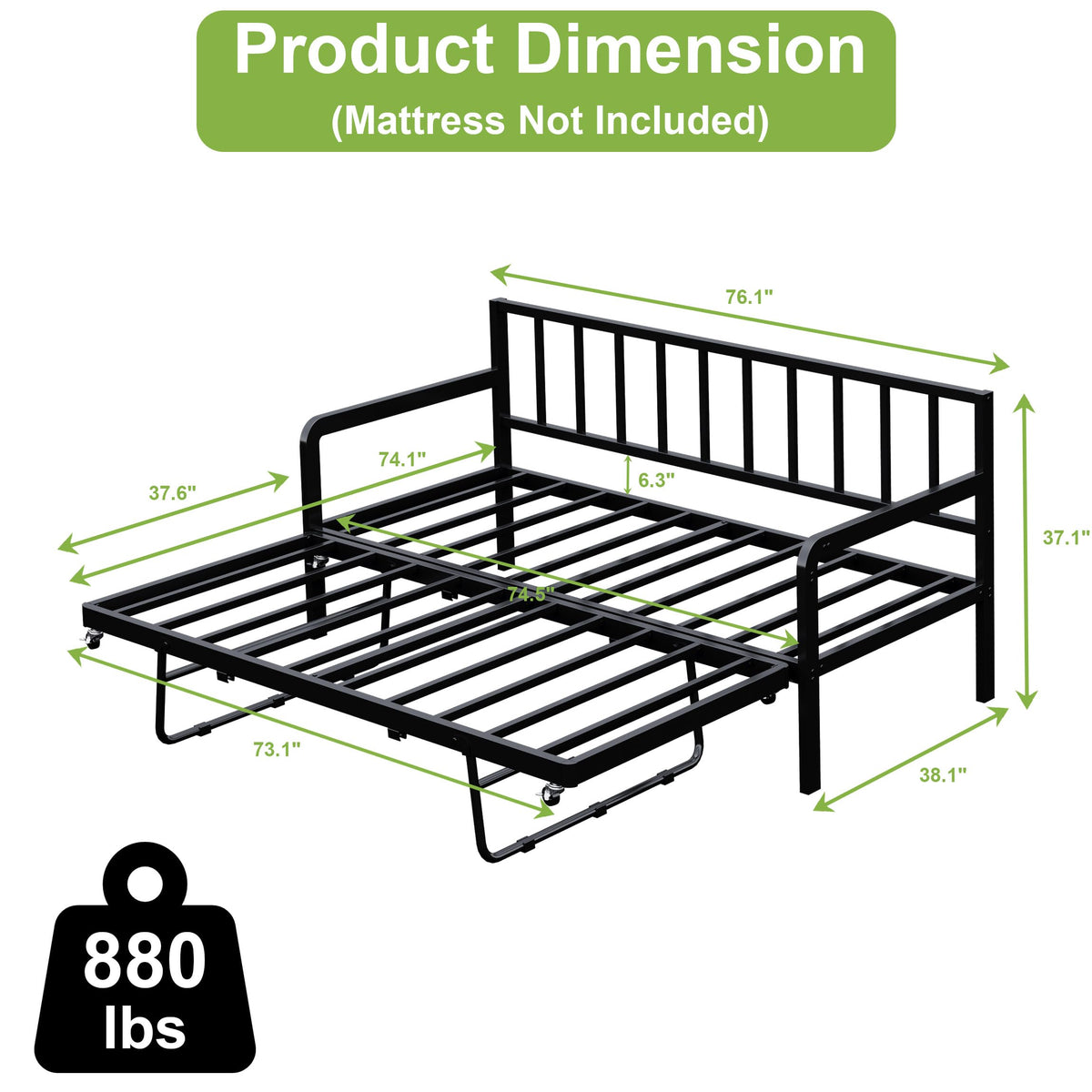 Twin Daybed with Pop Up Trundle, Metal Steel Slats, Black Z835765