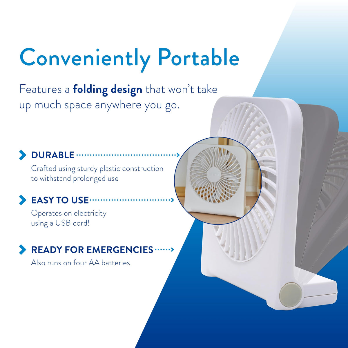 5 in USB Battery Powered Desk Fan Adjustable Tilt 2-Speed White K88027
