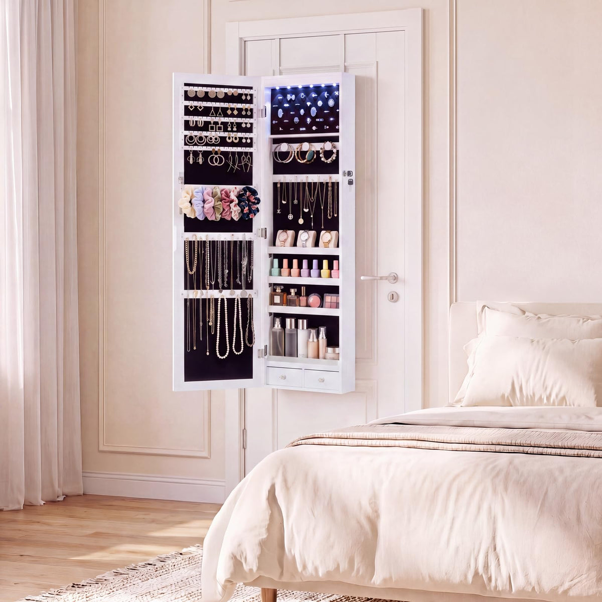 White 6 LEDs Mirror Jewelry Cabinet E90419