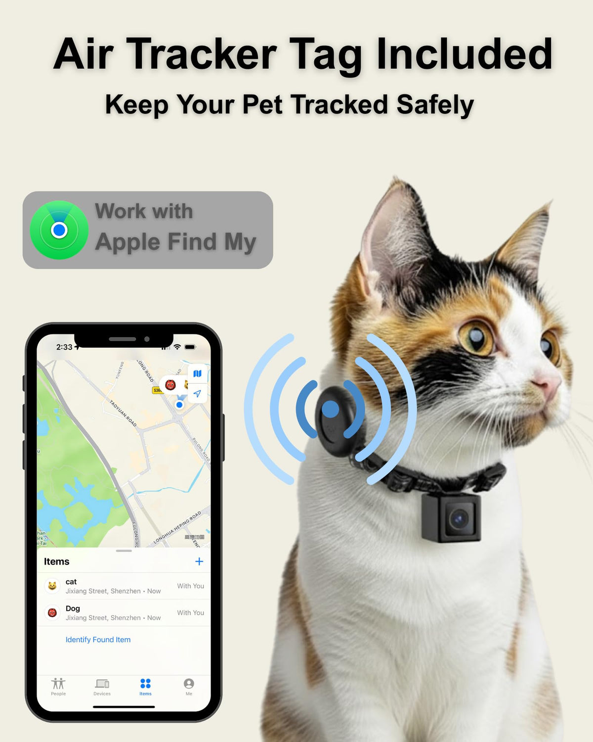 Cat Camera Collar with Tracker Tag, 1080P HD Pet POV Action Cam, Lightweight 0.7oz, Night Vision G5821