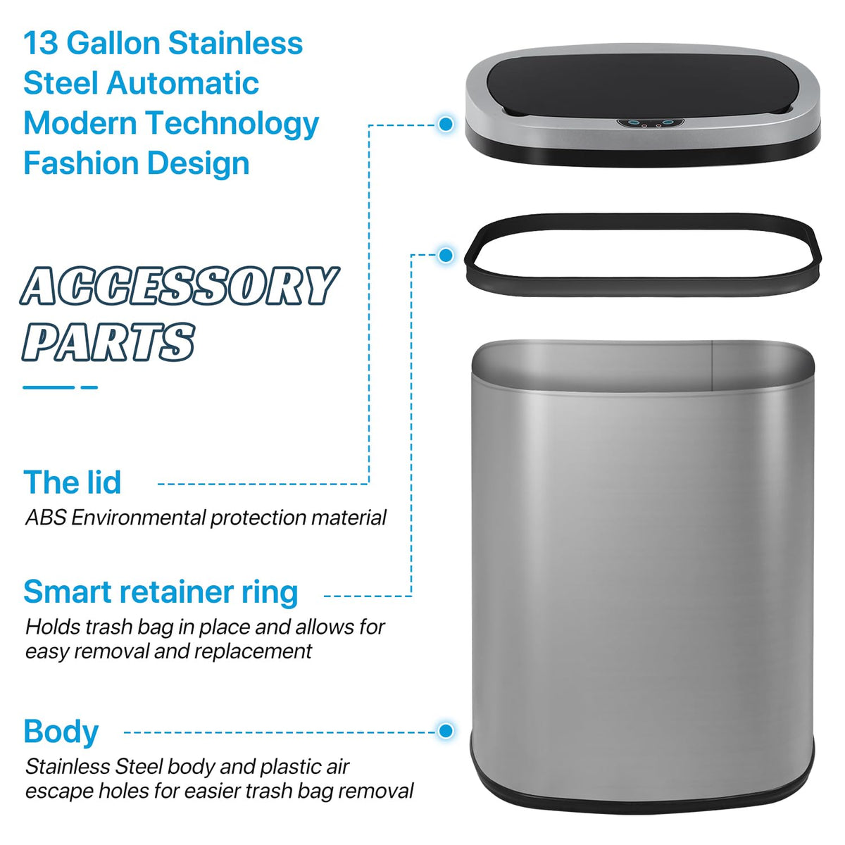 Stainless Steel 13 Gallon Touch Free Trash Can with Lid B213794