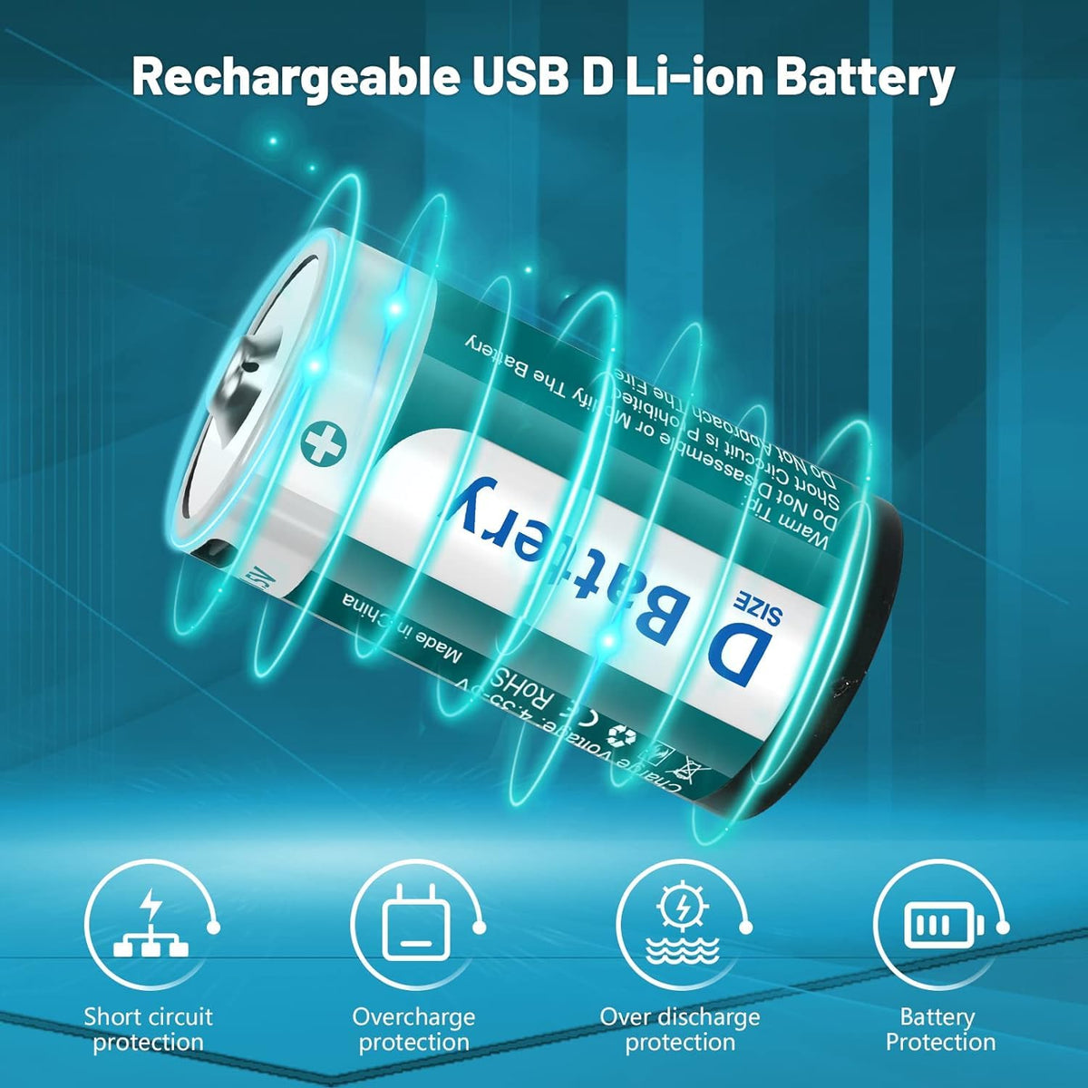 D Size Rechargeable Lithium Batteries with USB-C Charging Cable H73462