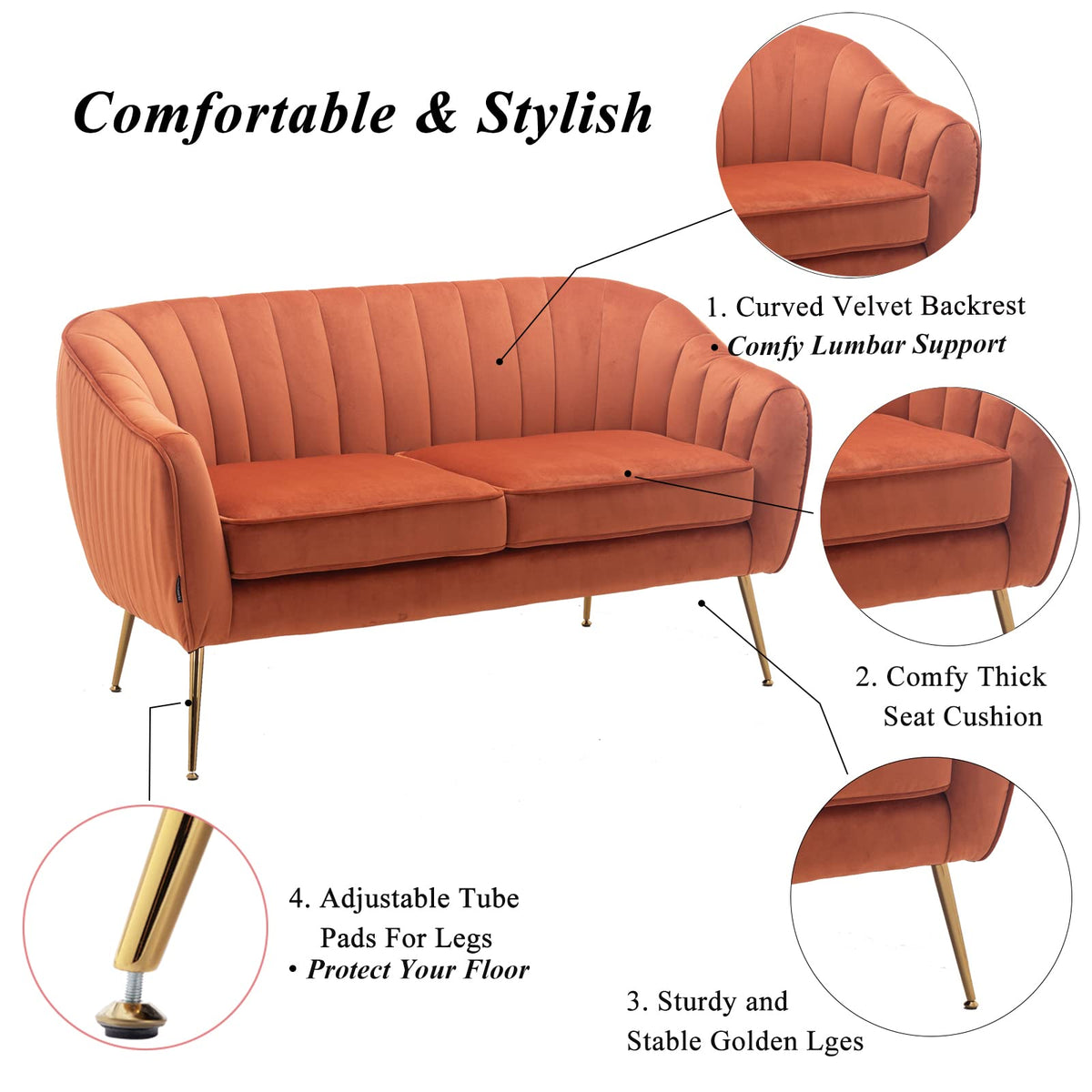 Tufted Velvet Barrel Loveseat Sofa with Golden Metal Legs M24934
