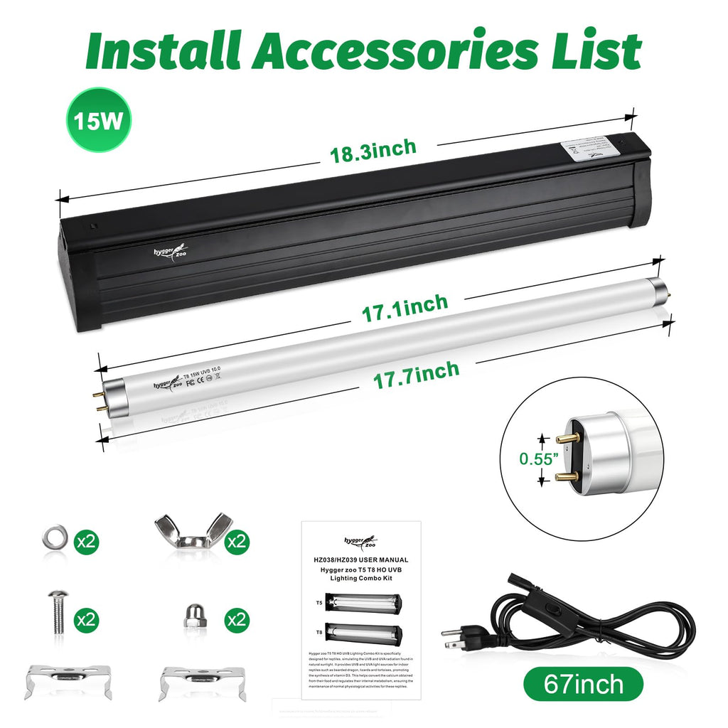 15W T8 UVB Reptile Light Fixture 18 Inch U663