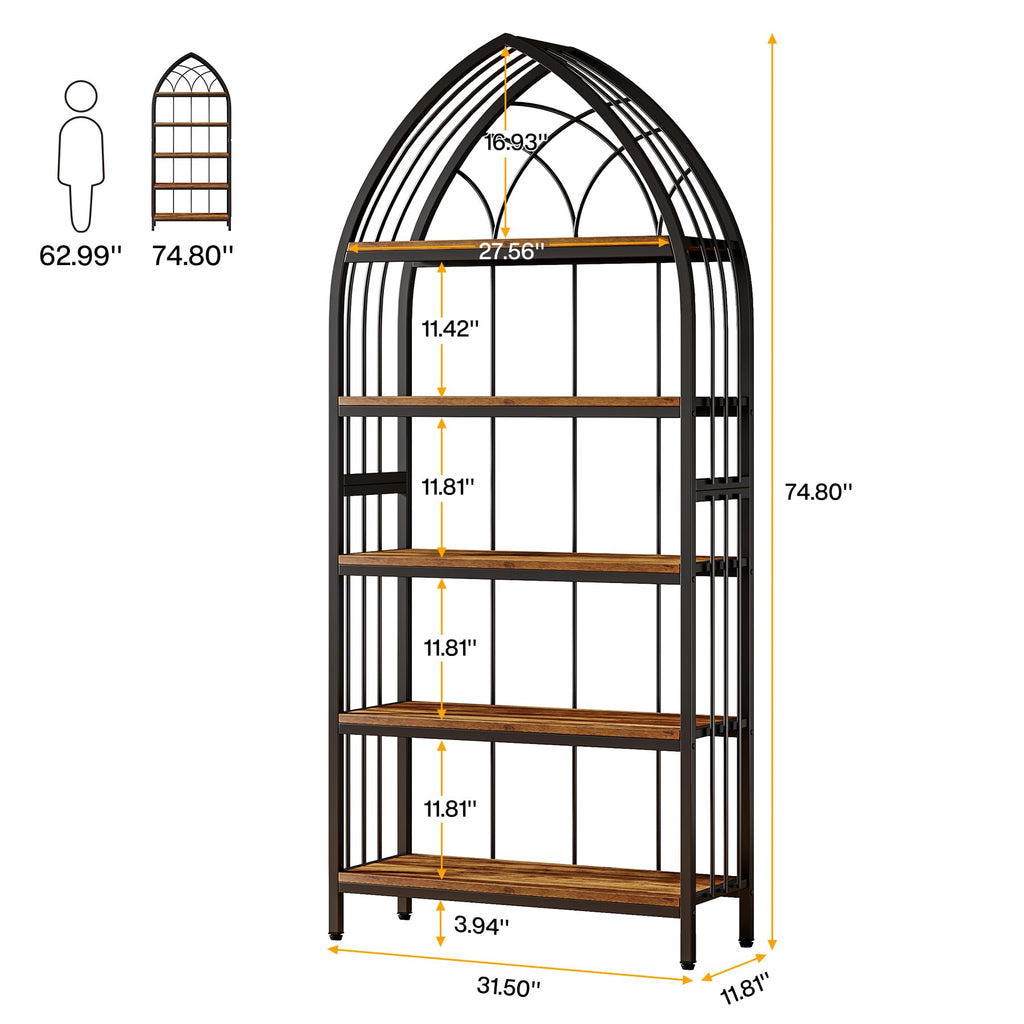 5-Tier 74.8-Inch Tall Curved Wood Bookshelf with Metal Frame F579