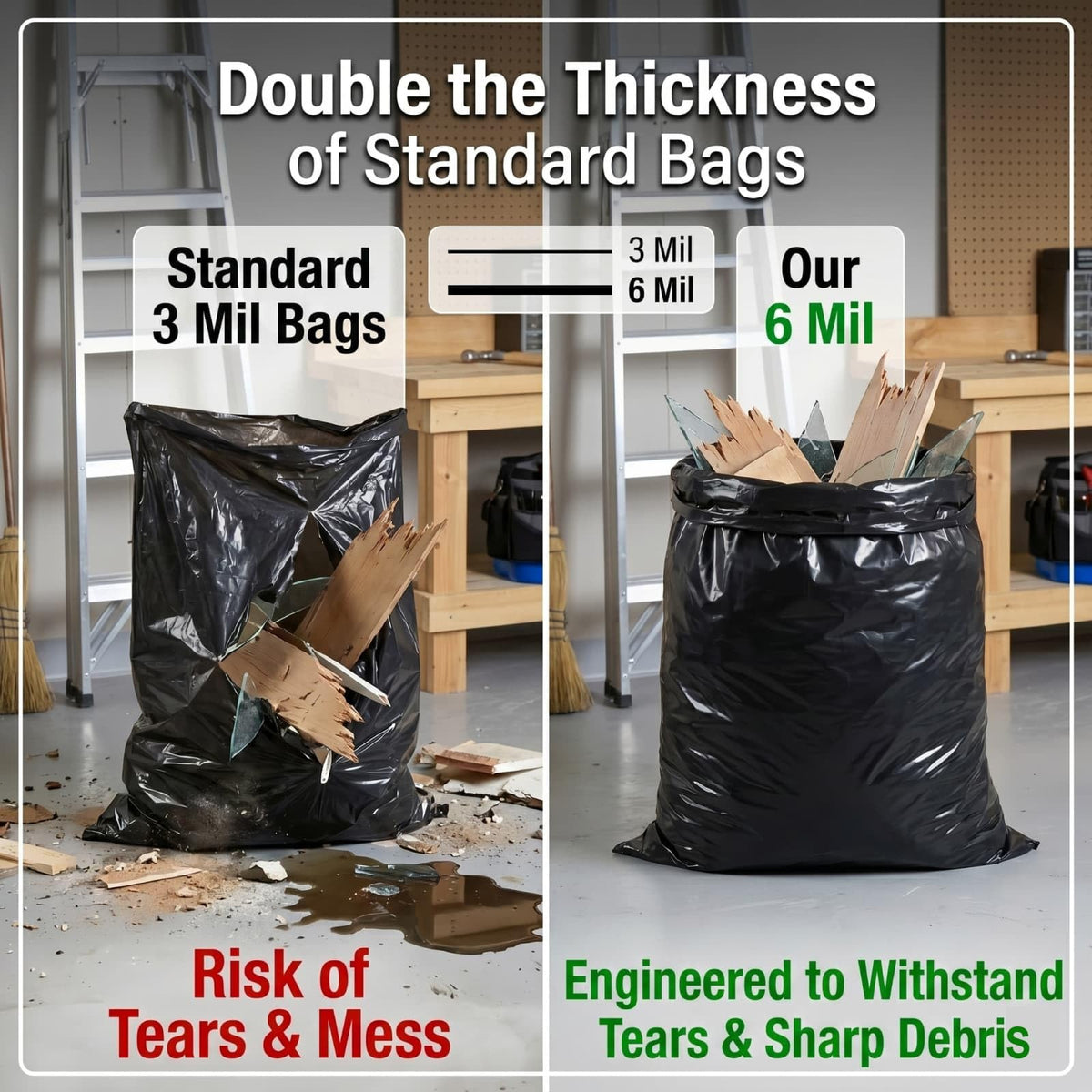 6 Mil Heavy Duty Contractor Trash Bags, 50/55/60 Gallon, Black, 20 Pack M86994