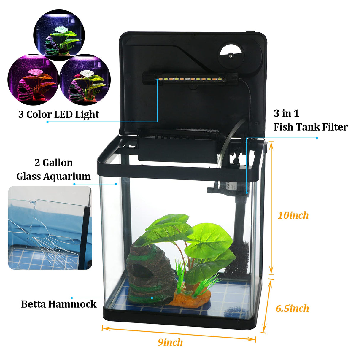 2 Gallon Self Cleaning Glass Betta Fish Tank with LED Light Q87144