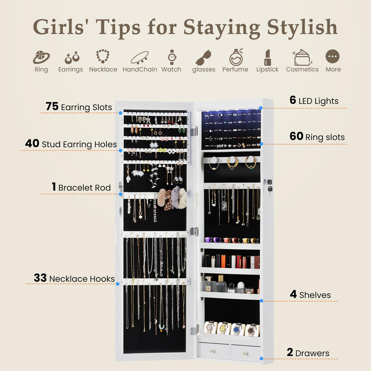 White 6 LEDs Mirror Jewelry Cabinet E90419