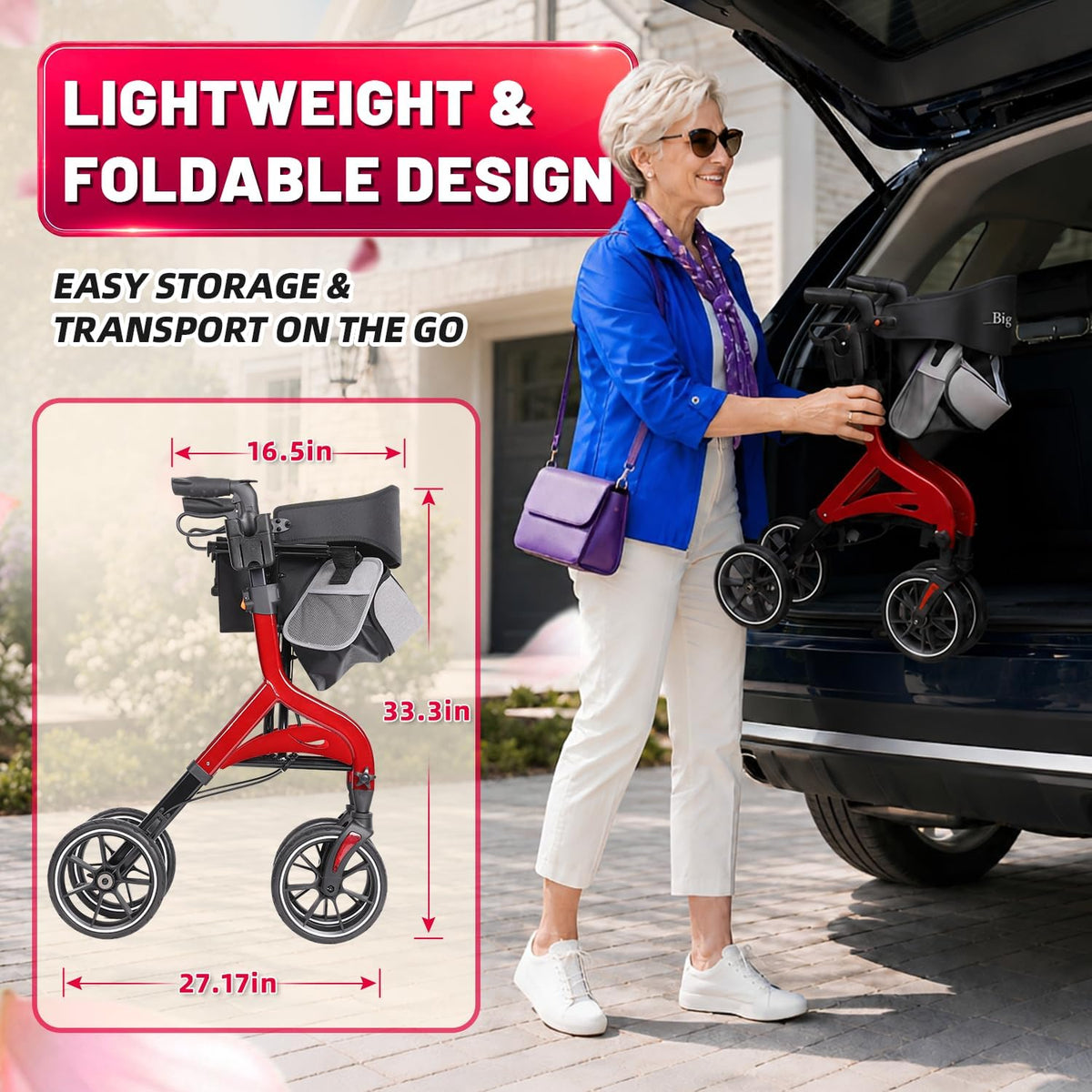 Foldable Red Rollator Walker with Seat N522