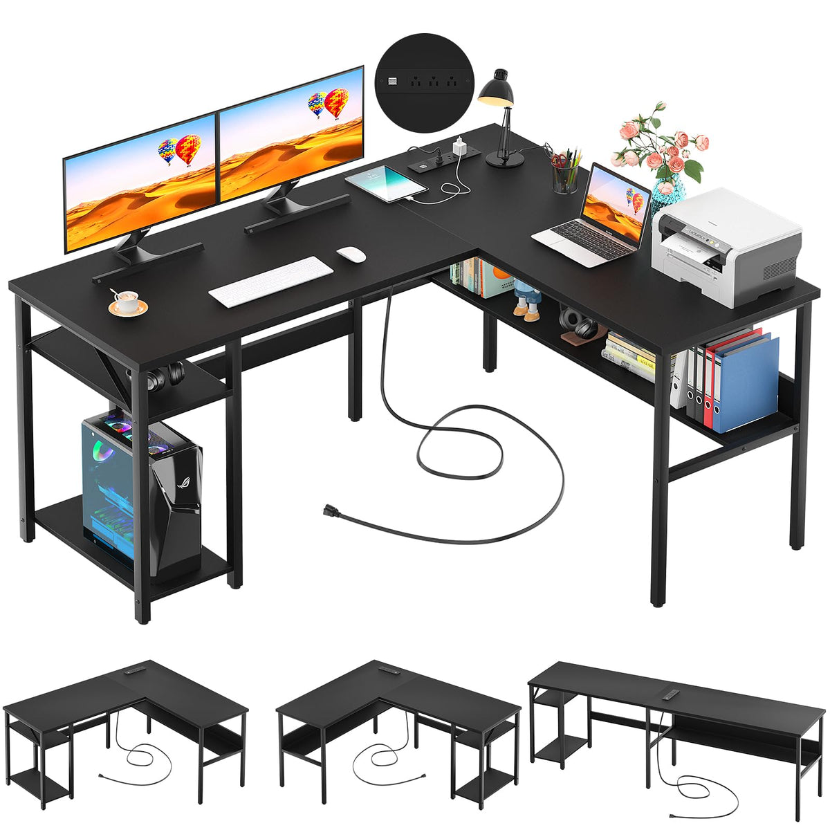 Black Reversible L Shaped Computer Desk with Power Outlets and Storage Shelves H2650