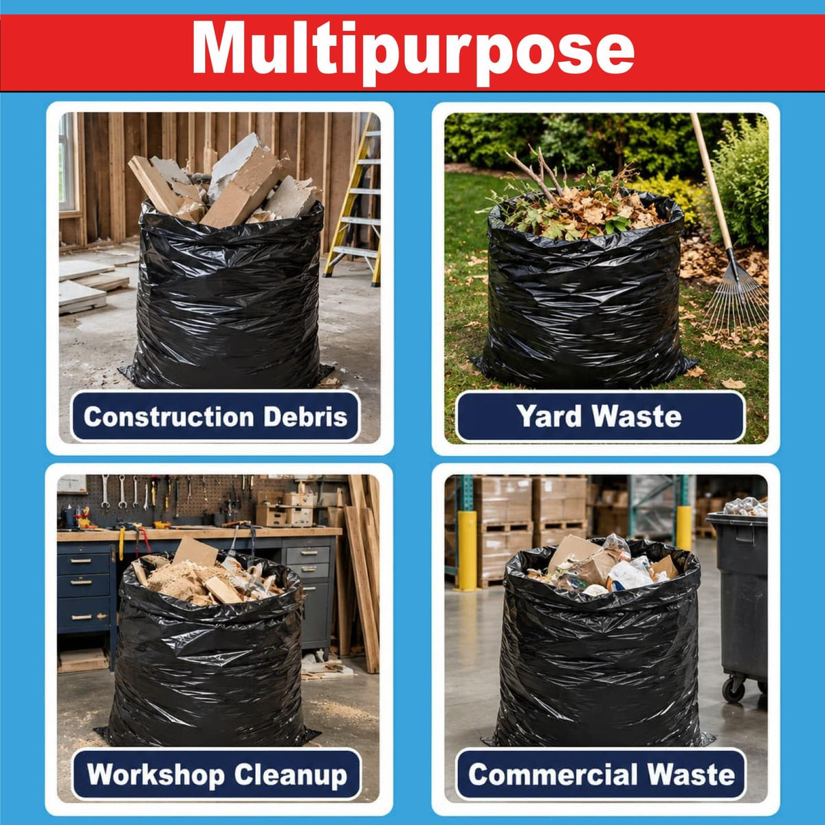 6 Mil Heavy Duty Contractor Trash Bags, 50/55/60 Gallon, Black, 20 Pack M86994