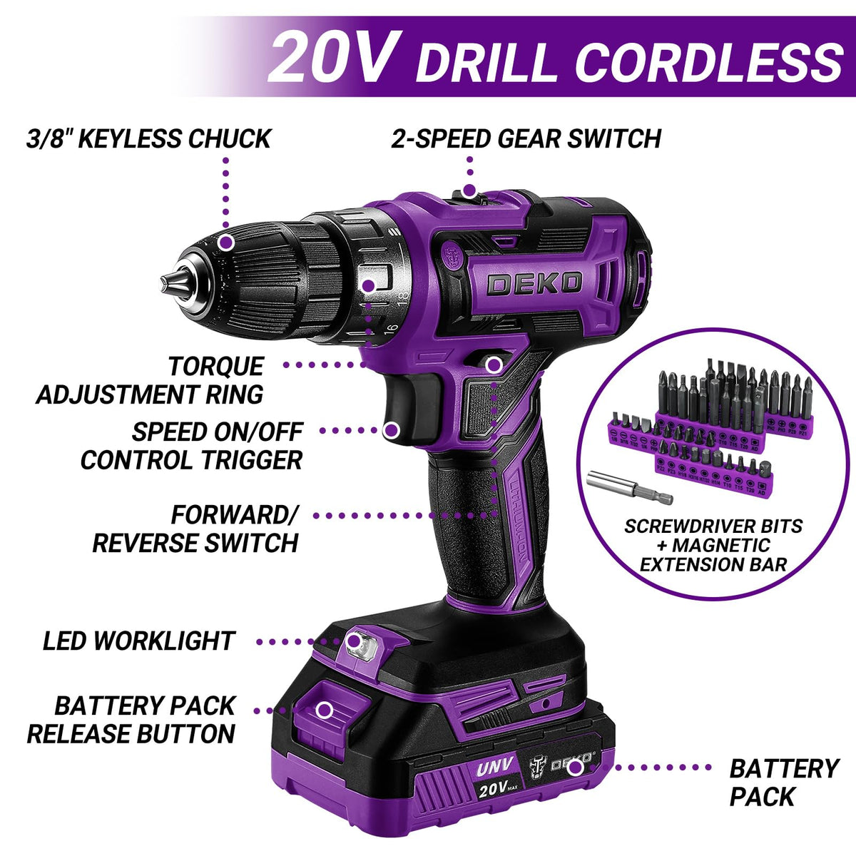 20V Cordless Power Drill Tool Kit Set with Battery E338776