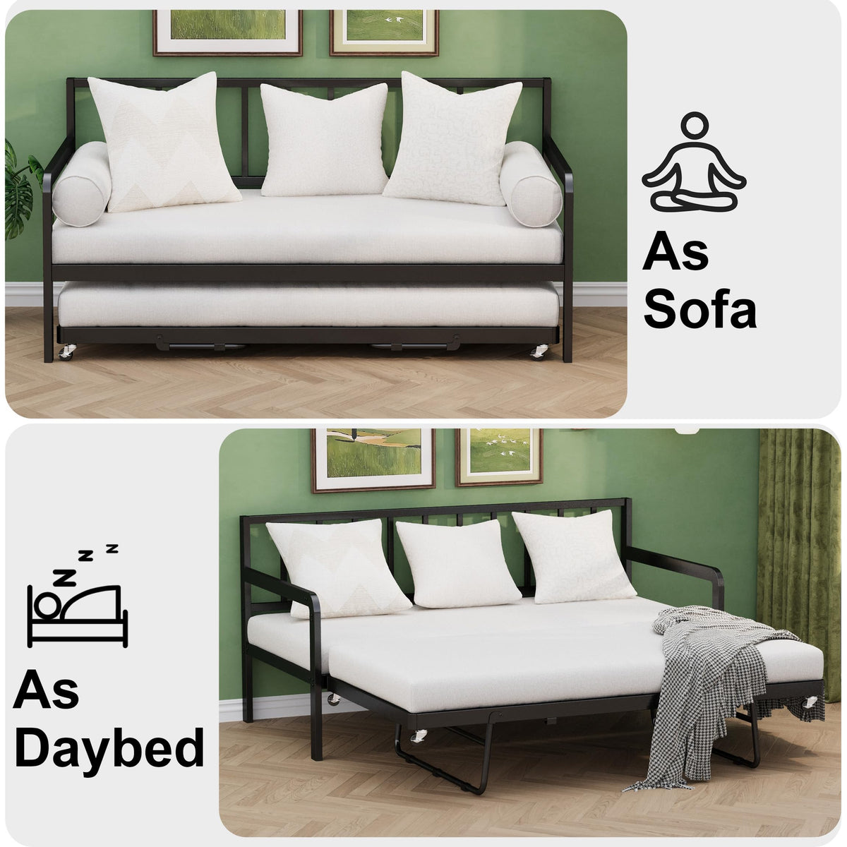 Twin Daybed with Pop Up Trundle, Metal Steel Slats, Black Z835765