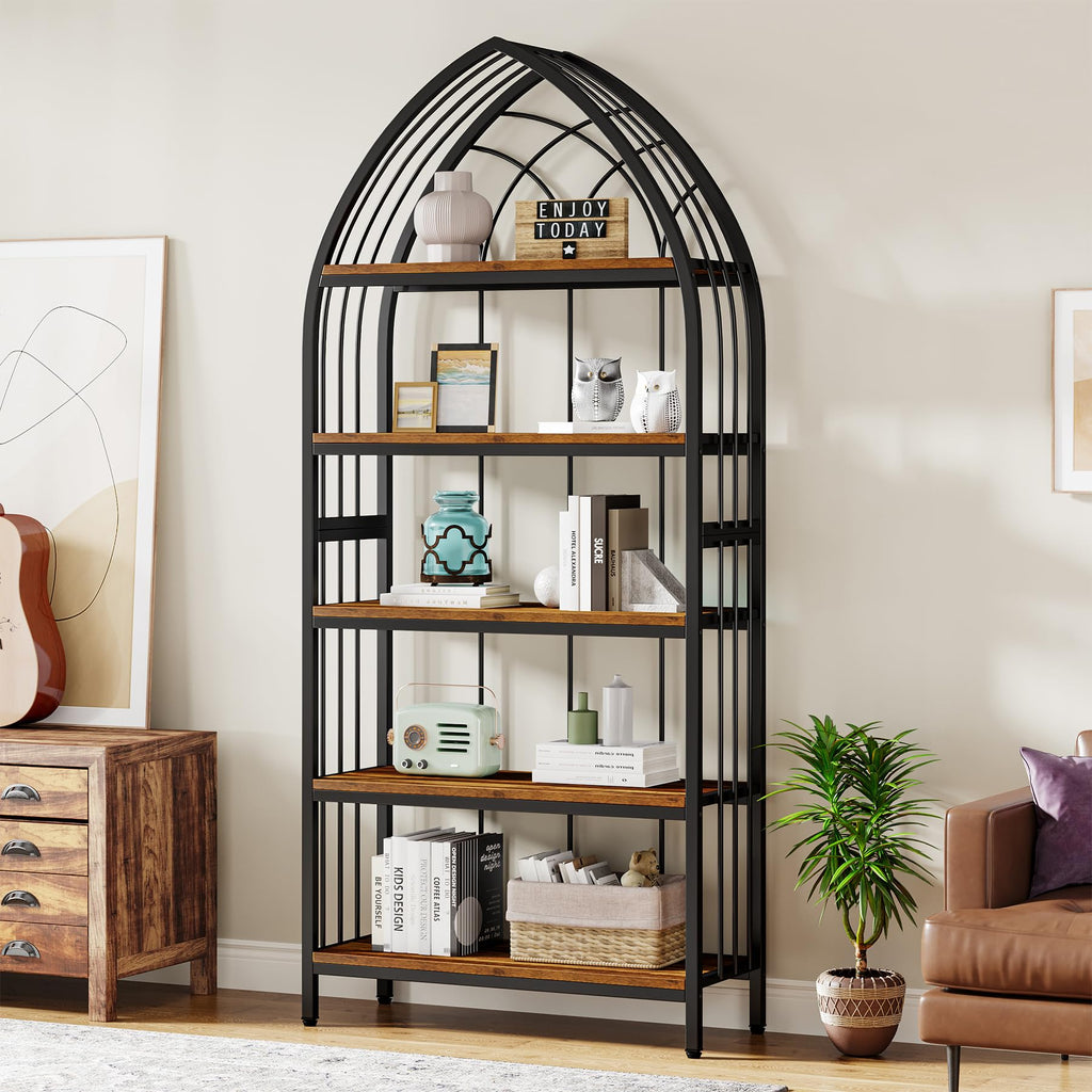 5-Tier 74.8-Inch Tall Curved Wood Bookshelf with Metal Frame F579