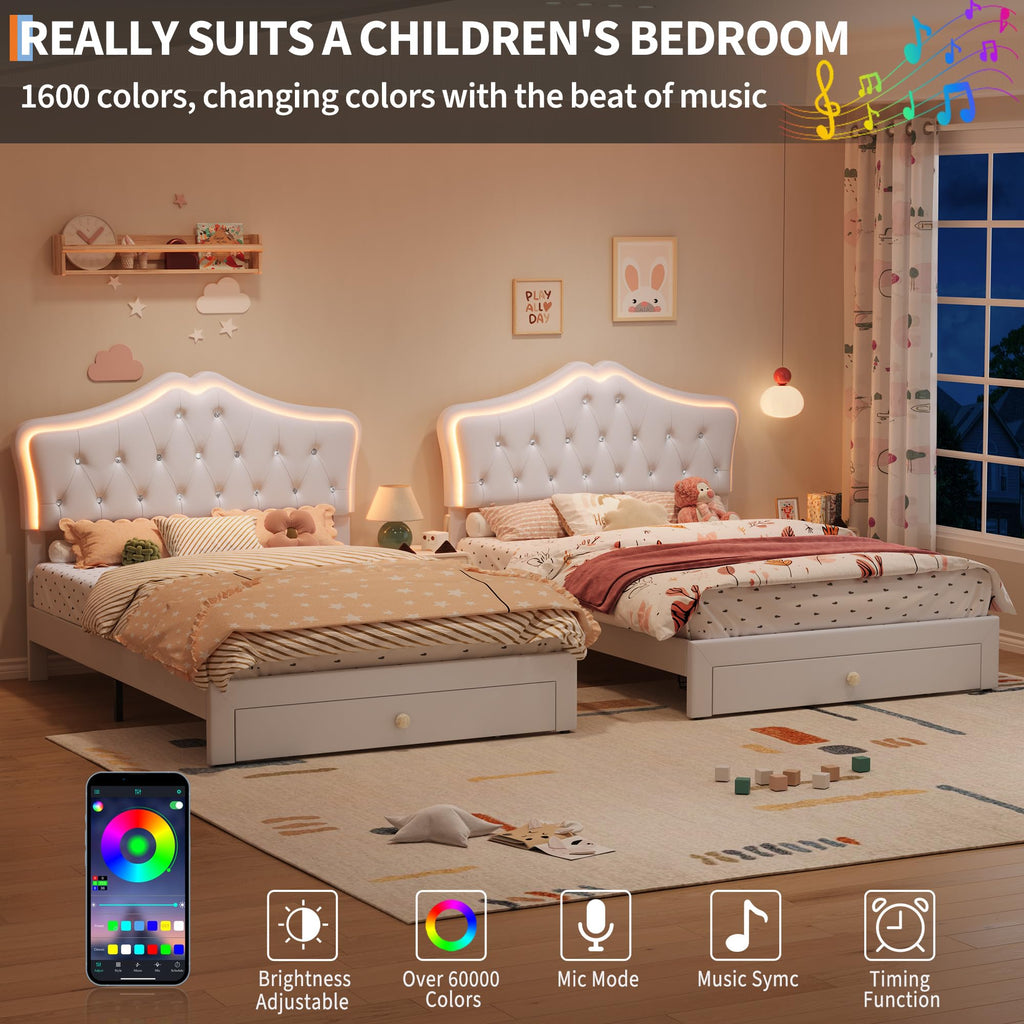Beige Full Size Bed Frame with LED Lights Headboard R8322