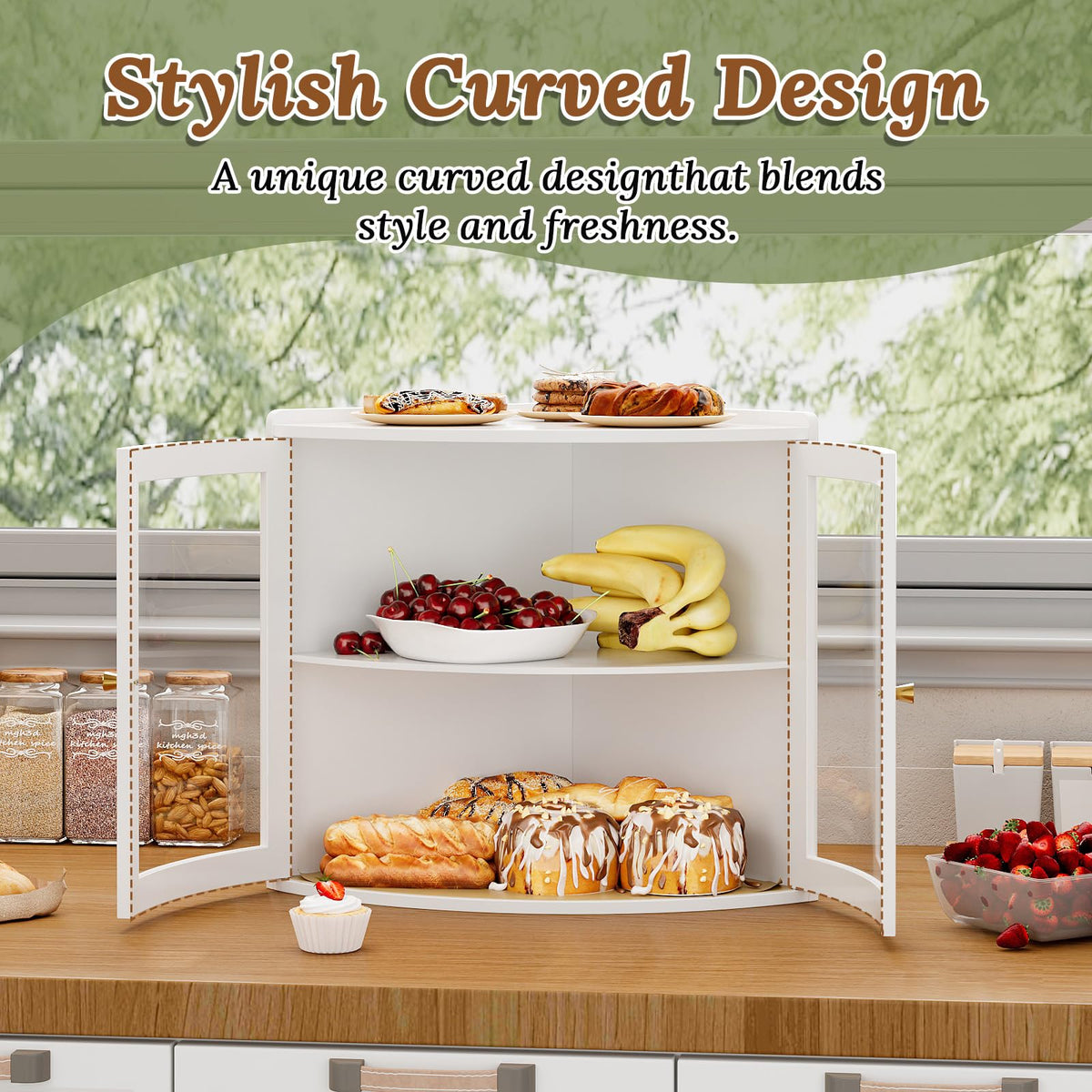 White Double Layer Large Bread Box with Acrylic Doors B5968