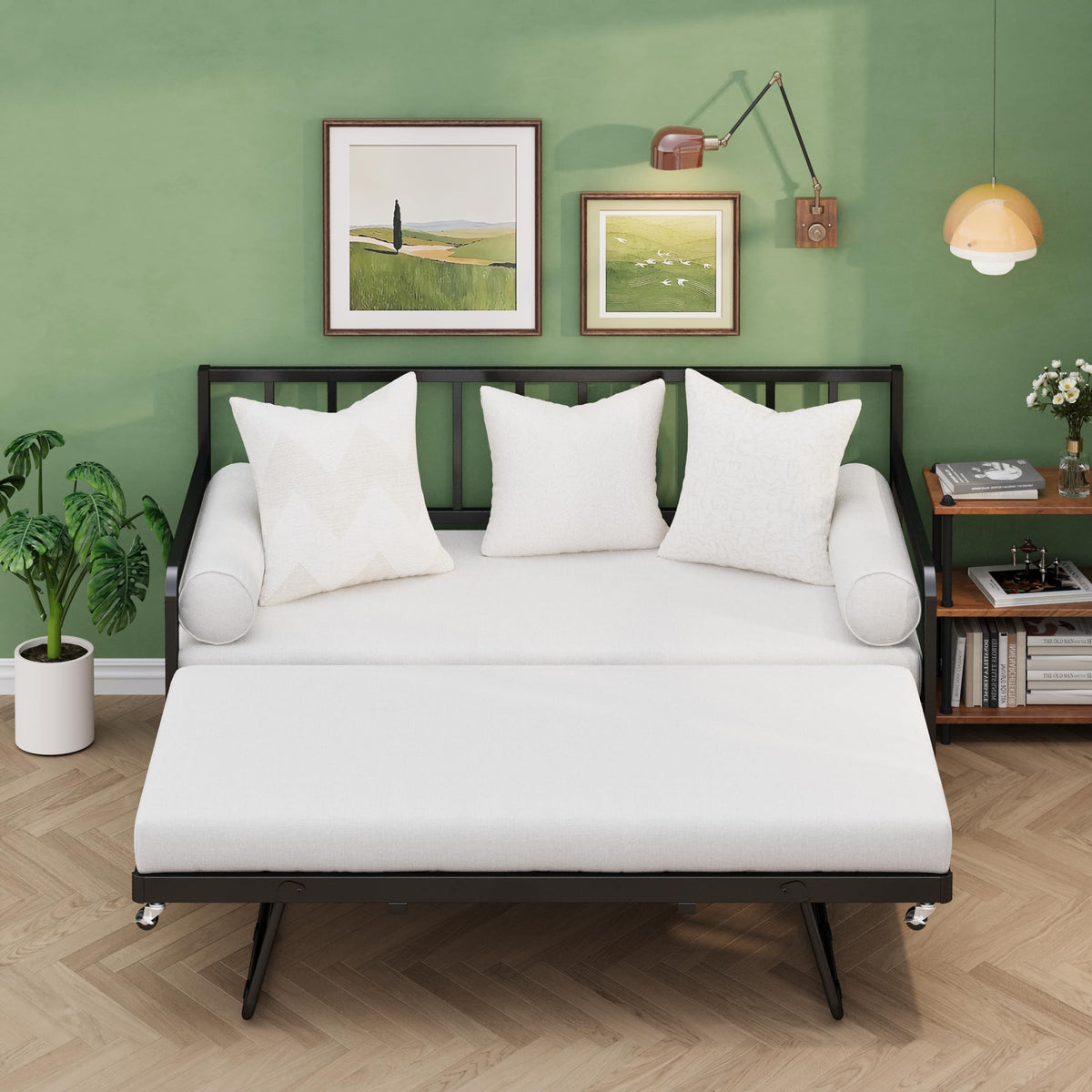 Twin Daybed with Pop Up Trundle, Metal Steel Slats, Black Z835765