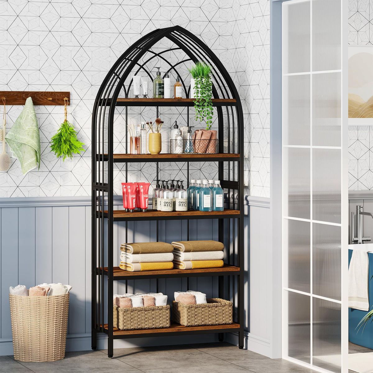 5-Tier 74.8-Inch Tall Curved Wood Bookshelf with Metal Frame F579