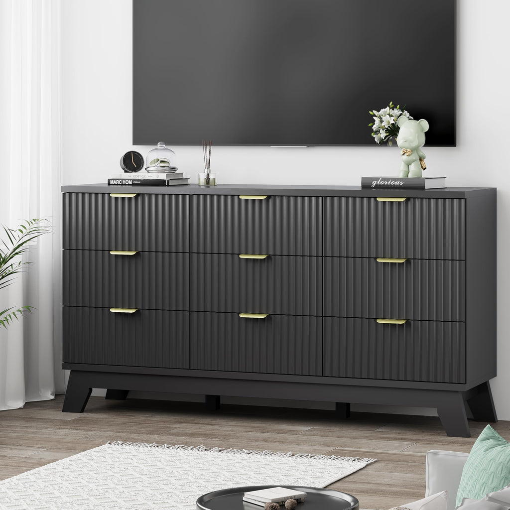Black 9 Drawer Fluted Wood Dresser L7509